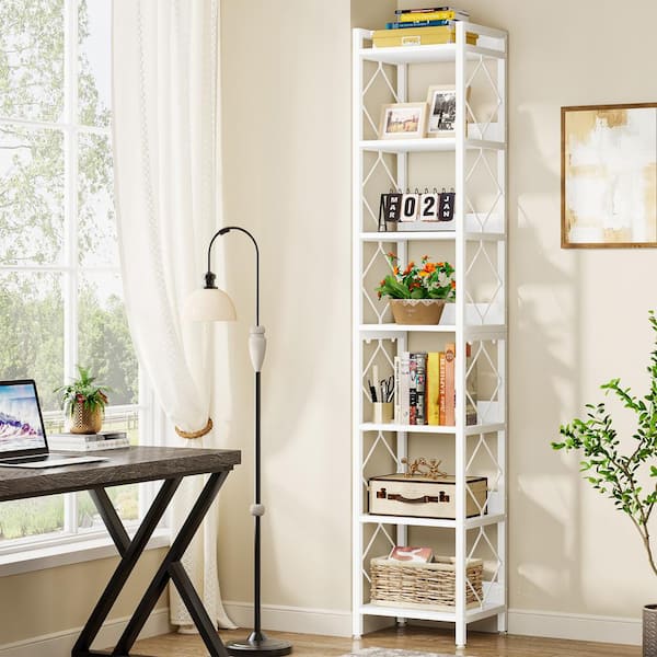 Jannelly 79 in. Tall White Engineered Wood 7-Shelf Narrow Bookcase, Corner Etagere Bookshelf for Home Office