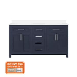 Beaufort 60 in. Double Sink Midnight Blue Bath Vanity with White Engineered Stone Top (Assembled)