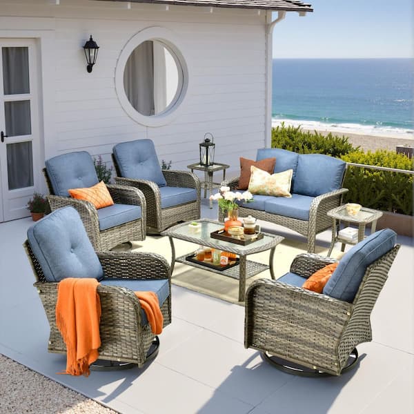 Hot Sale Atlas Gray 8-Piece Wicker Outdoor Sectional Patio Conversation Set with 4-Rocking Chair and Denim Blue Cushion