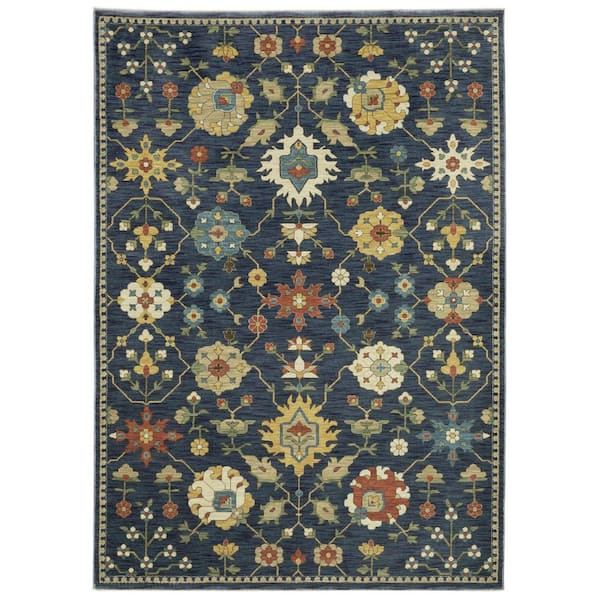 2' X 3' Blue And Gold Oriental Area Rug With Fringe