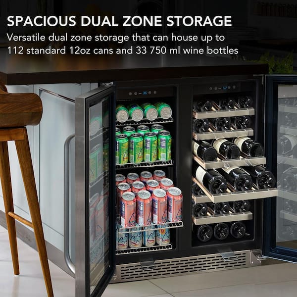 30 in. Dual Zone 33-Wine Bottle 112 Can Beverage & Wine Cooler Fridge with French Doors in Stainless Steel