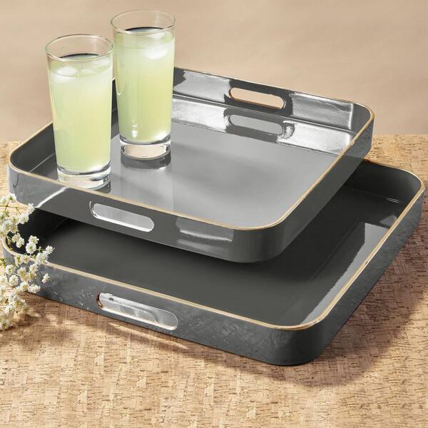 Trina Turk Cool Gray Square Serveware Serving Trays with Gold Rim (Set of 2)