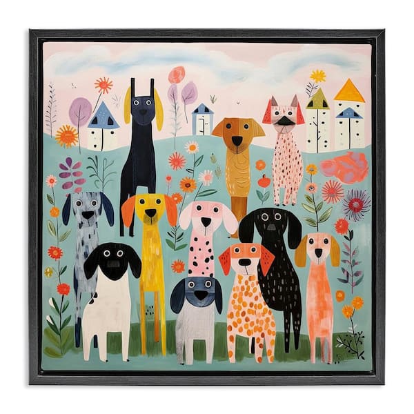 Patterned Dogs in Yard by Lazar Studio Black Floater Frame Graphic Art Print Animal 25 in. x 25 in.
