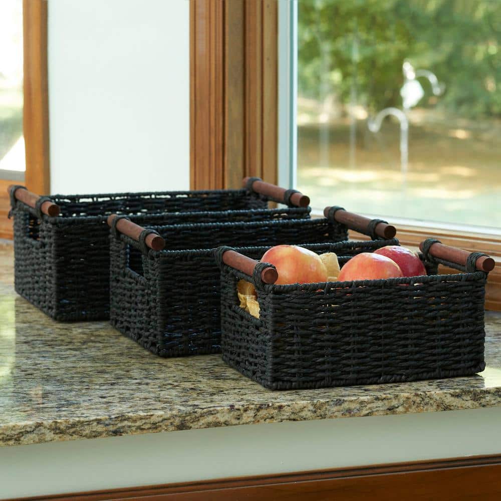 Black Handwoven Paper Rope Storage Baskets with Wood Handles, Set of 3