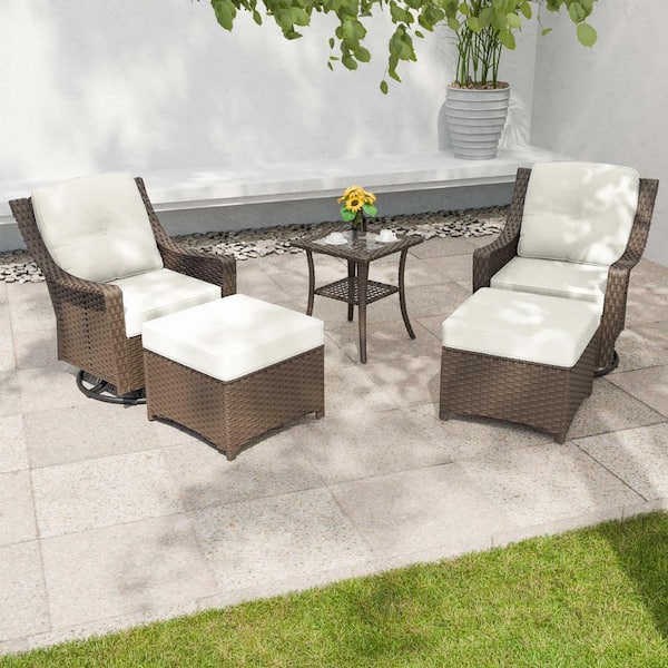 5-Pieces Wicker Outdoor Patio Conversation Set with 2 Swivel Chairs and 2 Ottomans with Beige Cushions, a Side Table