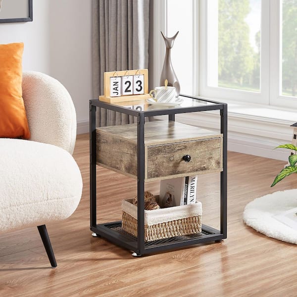 VECELO Tempered Glass Side Table, Nightstand With 1 Drawer & 2 Shelves, 21.7 in. x 15.7 in. x 15.7 in. , Gray