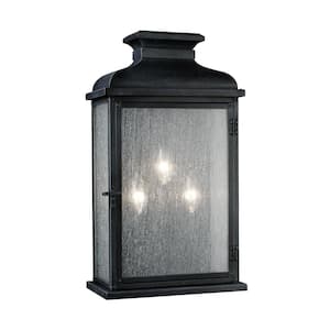 Pediment 10 in. W 3-Light Dark Weathered Zinc Outdoor 18.125 in. Wall Lantern Sconce with Clear Seeded Glass