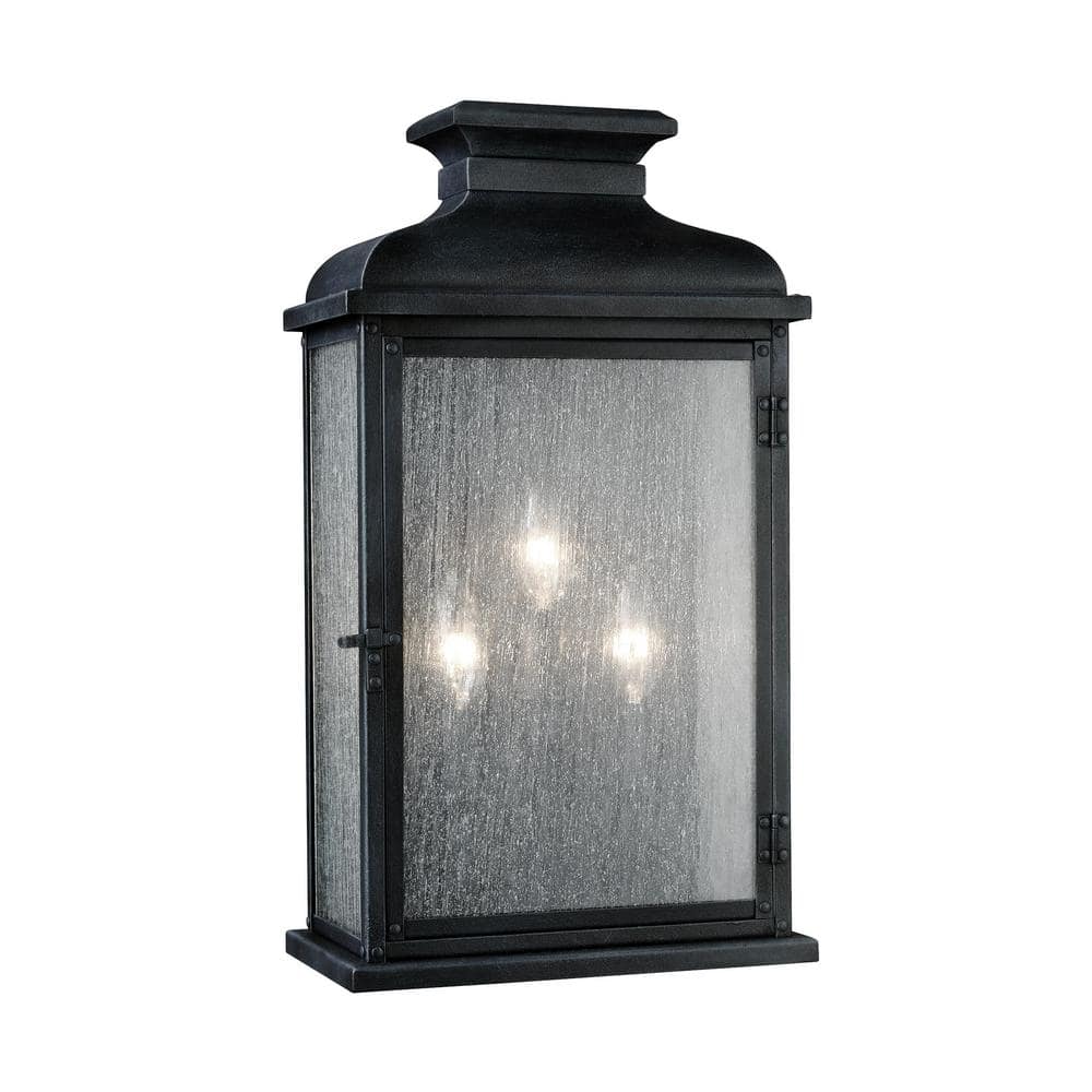 Pediment 10 in. W 3-Light Dark Weathered Zinc Outdoor 18.125 in. Wall Lantern Sconce with Clear Seeded Glass price history on PriceWatchPro
