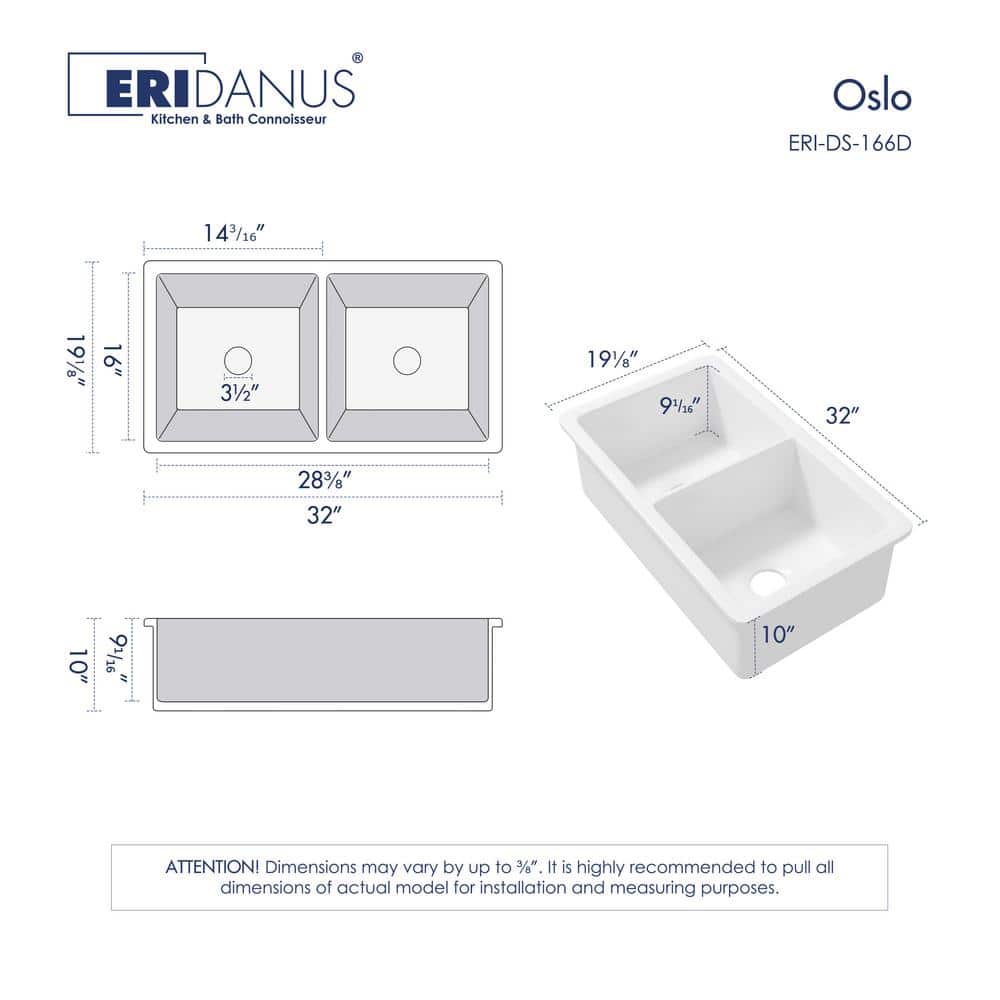 Oslo 32" White Fireclay Double Bowl Drop-In Kitchen Sink