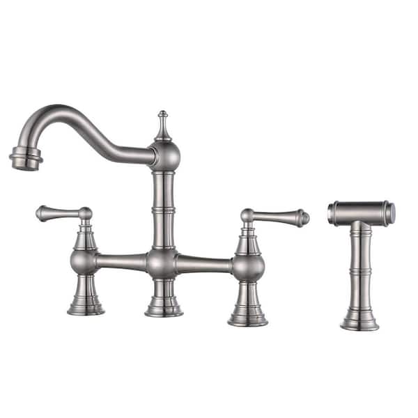VEVETTA Vintage Double Handle Bridge Kitchen Faucet with Side Sprayer in Brushed Nickel