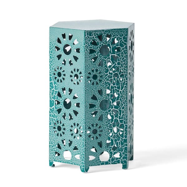 14.25'' Teal Blue Metal Hexagon Outdoor Side Table