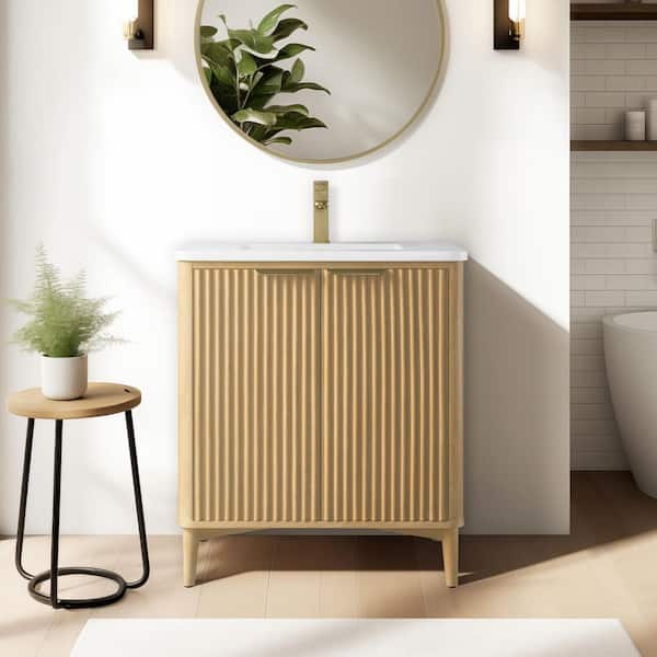 Levin 30 in. W x 22 in. D x 35 in. H Single Sink Freestanding Bath Vanity in Sunlit Oak with Engineered Stone Top