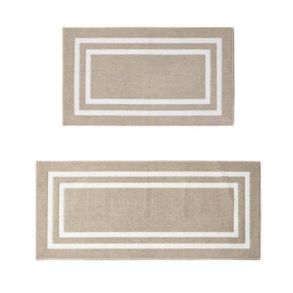 Nautica Double Line Beige/White 2 ft. x 5 ft. Border 2-Piece Rug Set