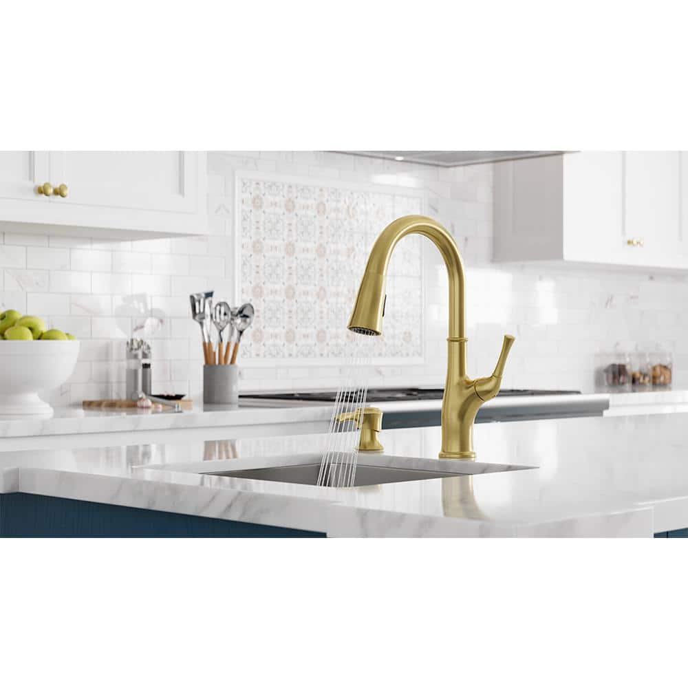 Alderwood Brushed Gold High-Arc Kitchen Faucet with Pull-Out Spray