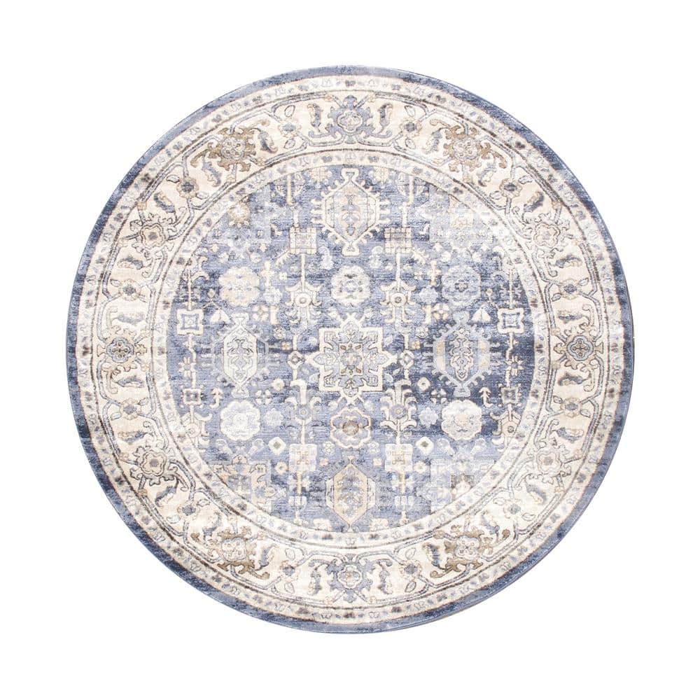 Pasargad Home Amadeus Blue 8 ft. x 8 ft. Round Polypropylene and Polyester Oriental Area Rug prc