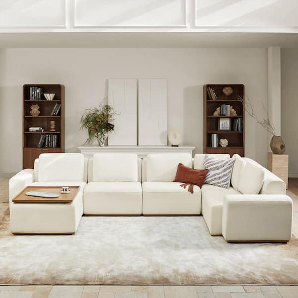 Alberto 112.25 in. 5-piece Polyester Sectional Sofa with Wide Armrests in. Beige