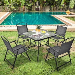 5-Piece Outdoor Dining Set for 4 Folding Chairs and Dining Table Set with Umbrella Hole