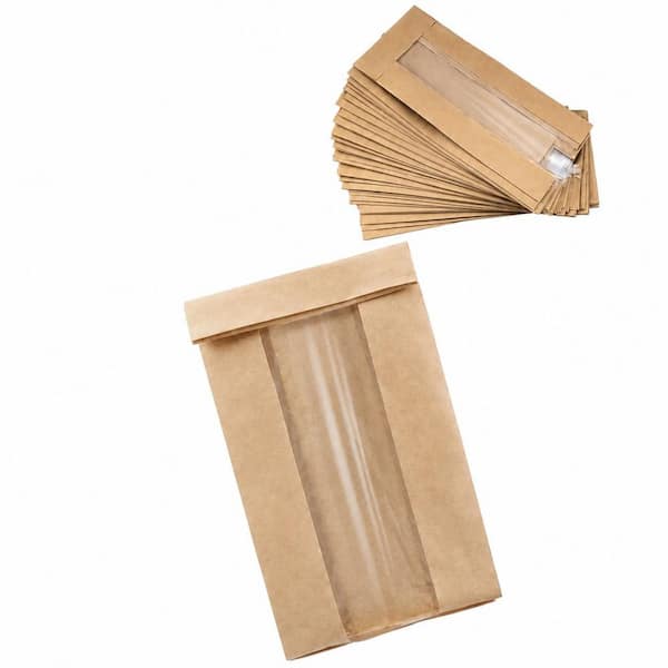 50 Pack Small Kraft Brown Paper Cookie Bags with Clear Window and Seal Stickers 2.3 x 2.3 x 7.5 in. for Bakery
