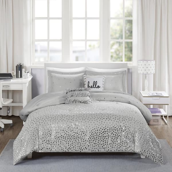 Soft Microfiber Comforter Set 5 Piece Bed Set Geometric Metallic Silver Bedding 