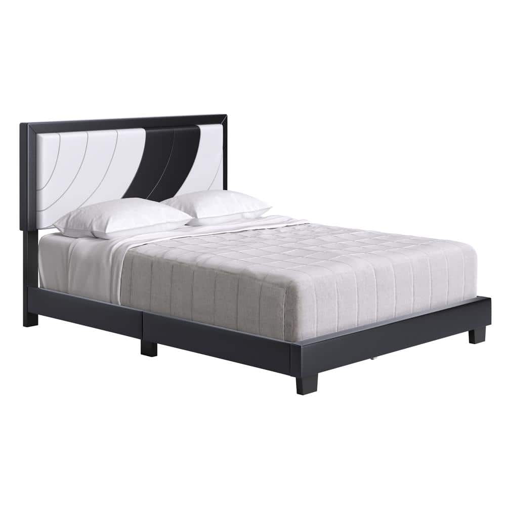Nautical Wave Queen Platform Bed in White & Black Faux Leather