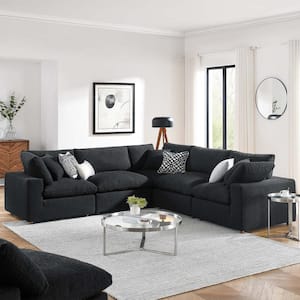 Commix 120 in. W Square Arm Down Filled Overstuffed Boucle 5-pieces Fabric L-Shaped Sectional Sofa in Black