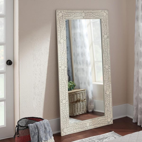Home Decorators Collection Oversized Dark Grey Wood Frame Art Deco Floor Mirror with Faux Bone Inlay (62 in. H x 32 in. W)