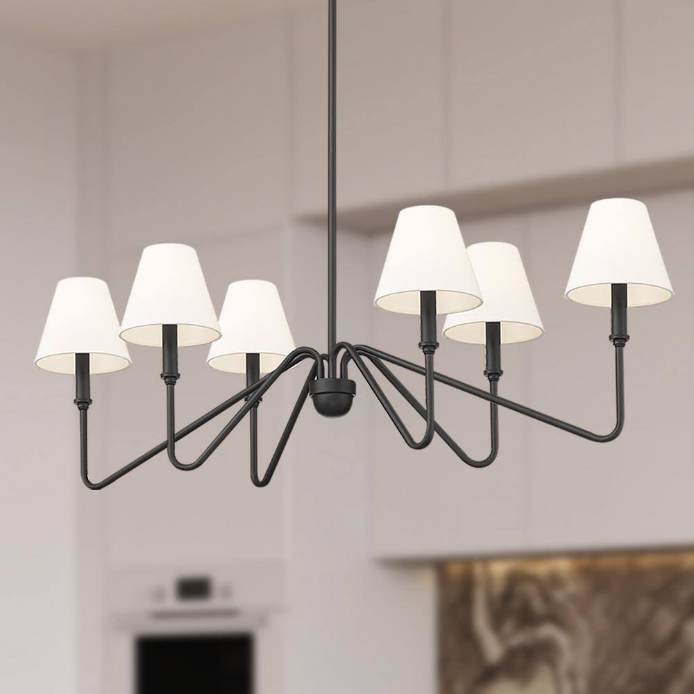 Kennedy Natural Black 6-Light Linear Pendant with Ivory Linen Shades