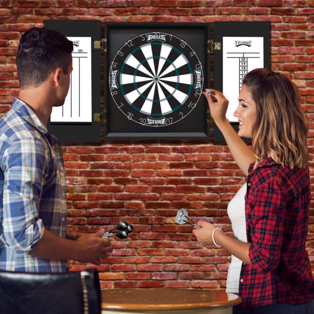 Philadelphia Eagles Black Wood Dartboard Cabinet Set