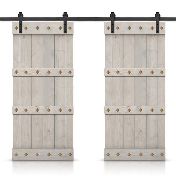 CALHOME 60 in. x 84 in. Silver Gray Stained DIY Pine Wood Interior Double Sliding Barn Door with Hardware Kit and Clavos