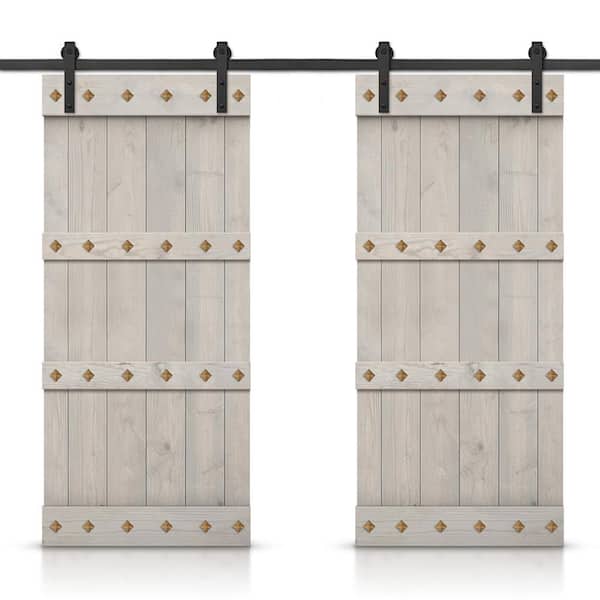 CALHOME 76 in. x 84 in. Silver Gray Stained DIY Pine Wood Interior Double Sliding Barn Door with Hardware Kit and Clavos