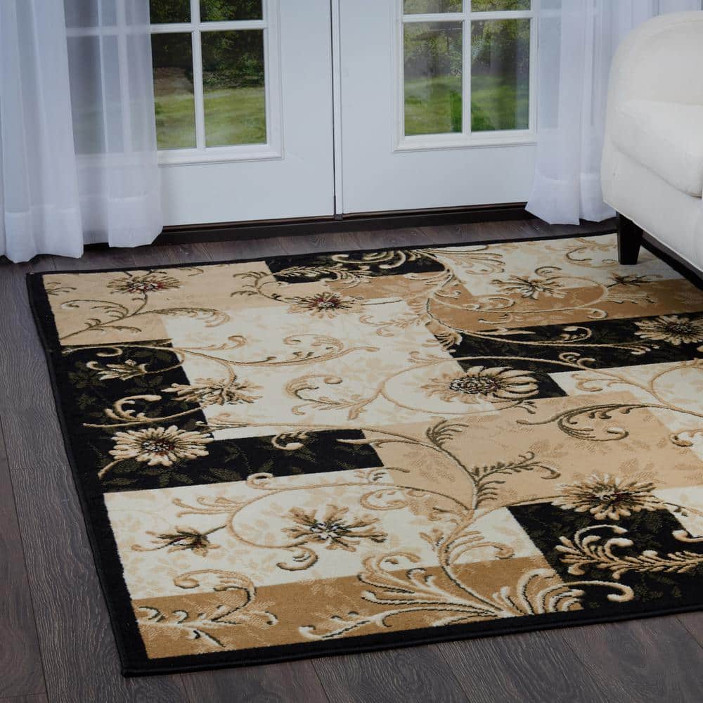 Byron Black and Beige Floral Area Rug