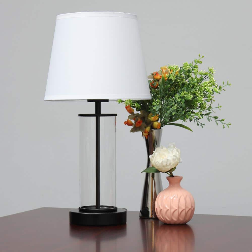 Black Metal and Clear Glass Table Lamp with White Fabric Shade