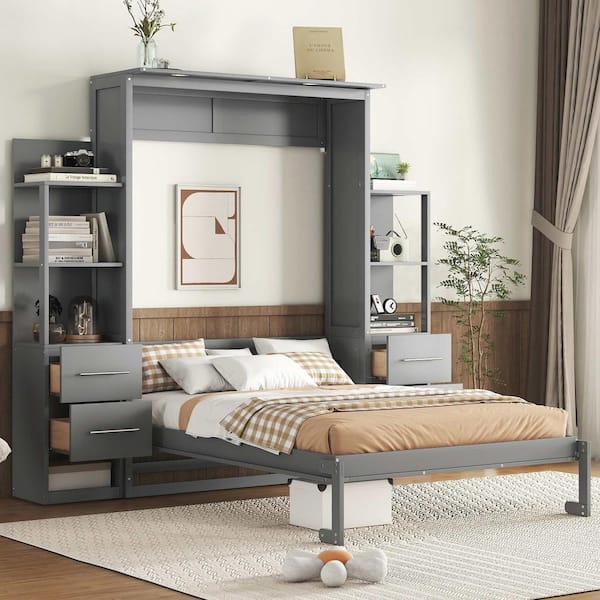 Gray Wood Frame Full Murphy Bed with Shelves, Drawers and LED Lights