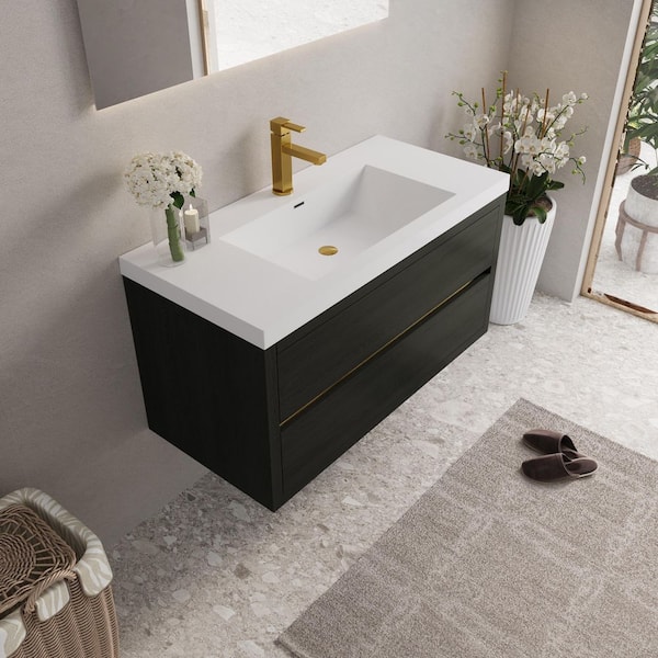42 in. Single Sink Floating Black Bath Vanity with White Resin Top, Soft Closing Drawers