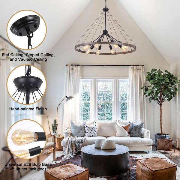 ZJVAIVE 8-Light Black and Wood Grain Circle Wagon Wheel Chandelier