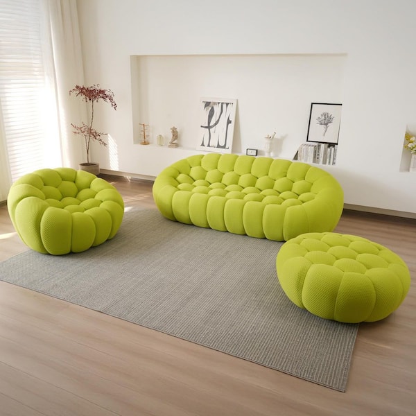 Bubble 3D Knitted Fabric 98 in. Curved Sectional Sofa Floor Couch with Chair, Ottoman in. Fluorescent Green (Set of 3)