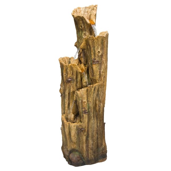 65 in. Tall Outdoor 4-Tier Cascading Tree Bark Water Fountain with LED Lights