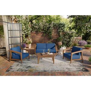 New Classic Furniture Bali 4-Piece Wood Patio Conversation Set with Blue Cushions