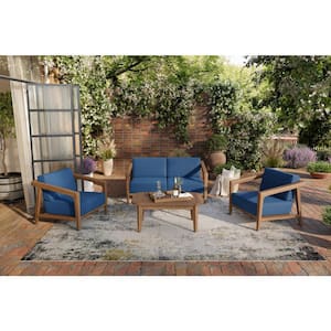 New Classic Furniture Bali 4-Piece Wood Patio Conversation Set with Blue Cushions