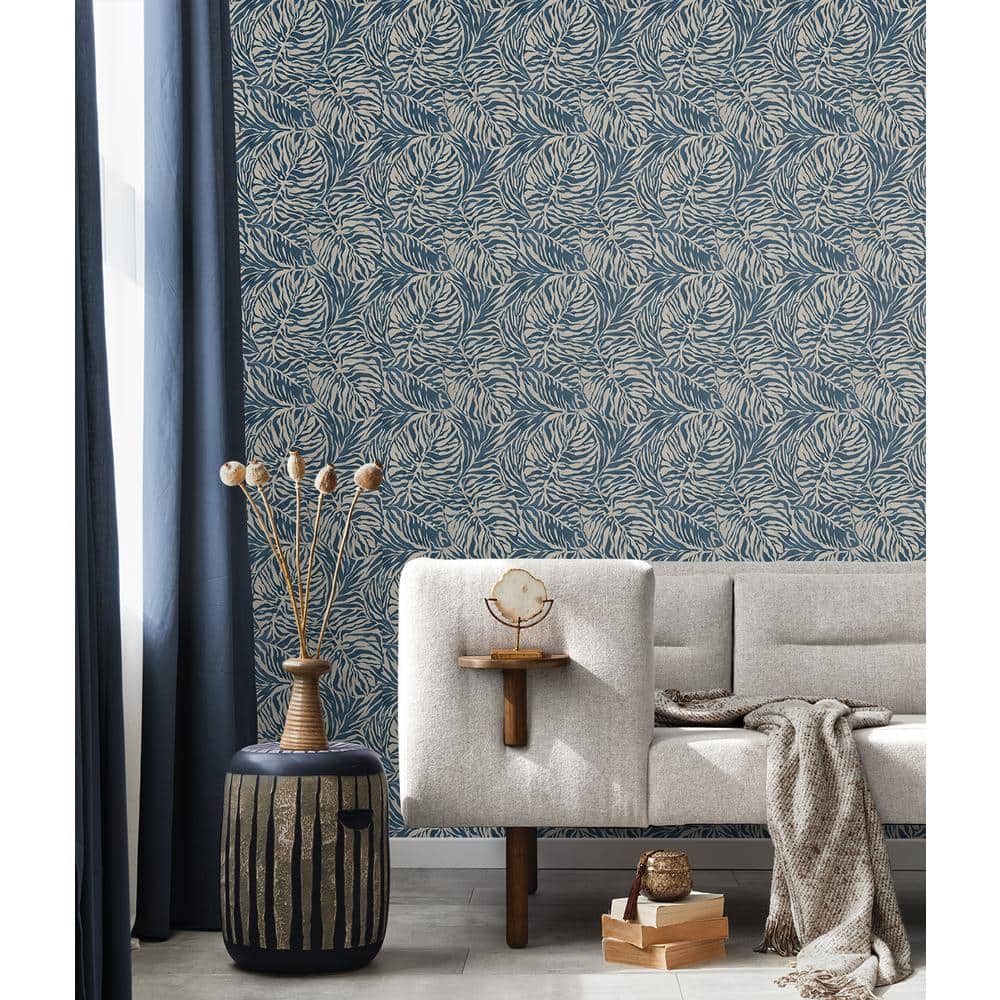 Indigo Blue Tropical Zebra Leaf Peel and Stick Wallpaper Roll