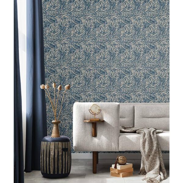Tommy Bahama Zebra Leaf Indigo Palm Vinyl Peel and Stick Wallpaper