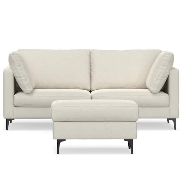 Simpli Home Ava 76 in. Straight Arm Tightly Woven Performance Fabric Mid Century Rectangle Sofa and Ottoman Set in. Cream