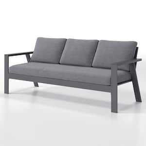 Gray Aluminum Outdoor Sofa Couch 3 Seats and Wood Grain Finish Arm with Gray Cushions