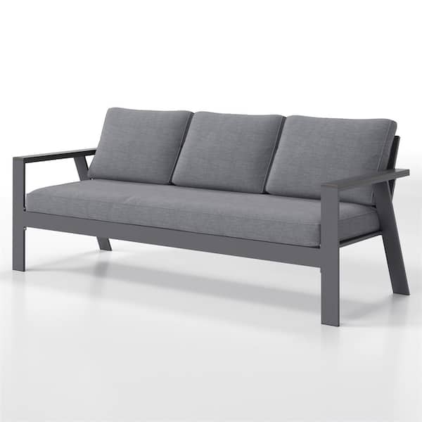 ANGELES HOME Gray Aluminum Outdoor Sofa Couch 3 Seats and Wood Grain Finish Arm with Gray Cushions