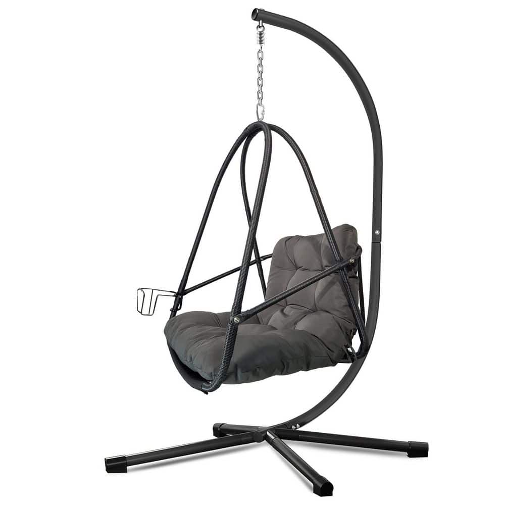 Metal Patio Swing Egg Chair with Gray Cushion, Pillow, Cup Holder and C Type Bracket