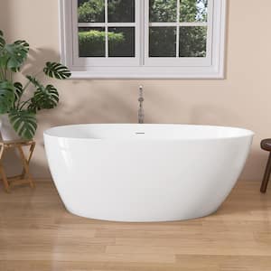 59 in. x 29.5 in Oval Acrylic Freestanding Soaking Bathtub Chrome Center Drain Flat Bottom Free Stand-Alone Tub White