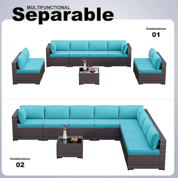 9-Piece Wicker Outdoor Sectional Set with Cushion Blue