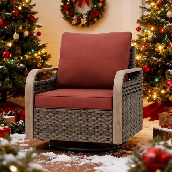 Outdoor Patio Swivel Brown Wicker Outdoor Rocking Chair with Red Cushions
