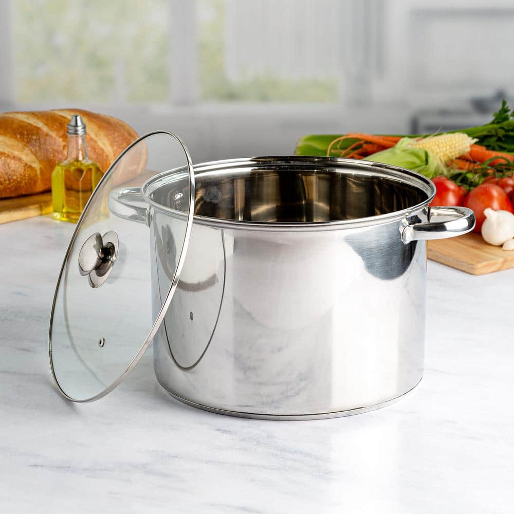 Ecolution Stainless Steel Stock Pot with Encapsulated Bottom Matching  Tempered Glass Steam Vented Lids, Made Without PFOA, Dishwasher Safe, 12- Quart, Silver