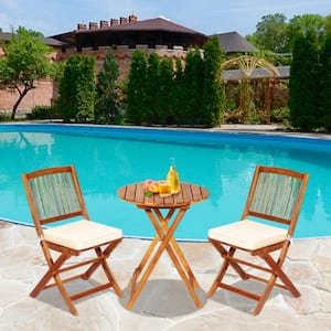 3-Piece Acacia Wood Patio Conversation Set Folding Bistro Set with White Padded Cushion and Round Coffee Table